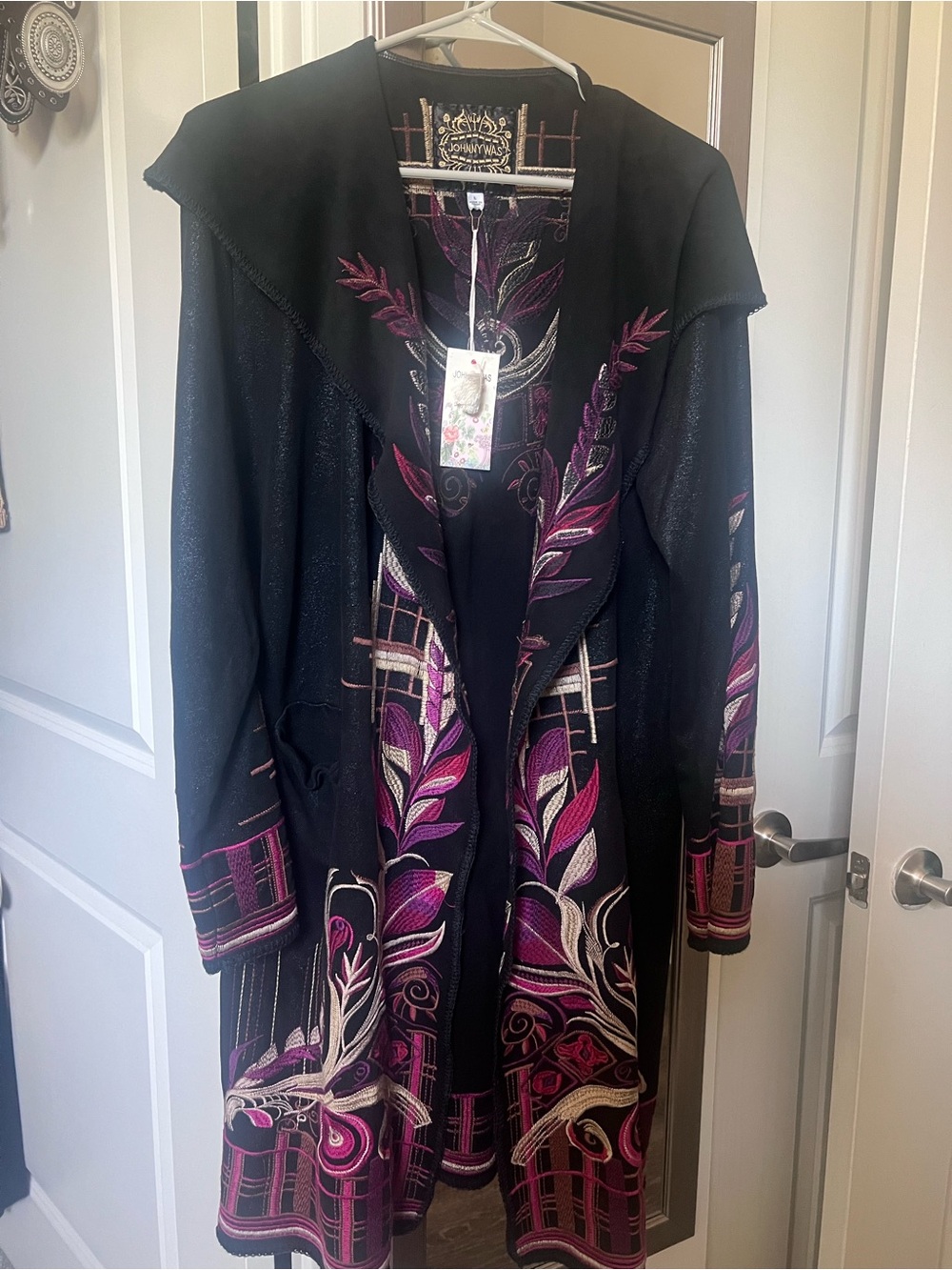 Johnny Was Black Jacket with Gold Embroidered Logo and Purple Accents